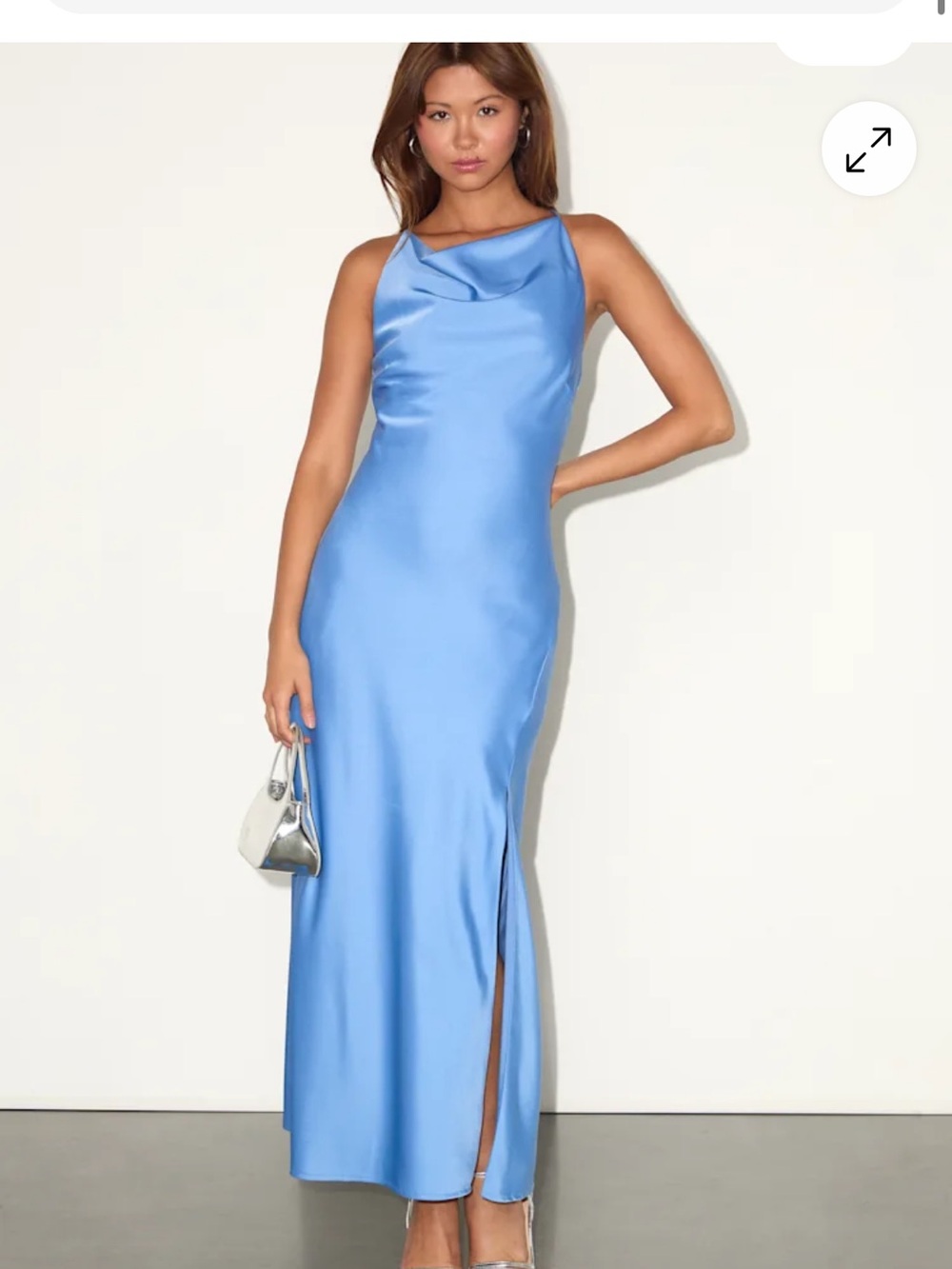 Lulu's Elynne Light Blue Satin Cowl Neck Midi Dress